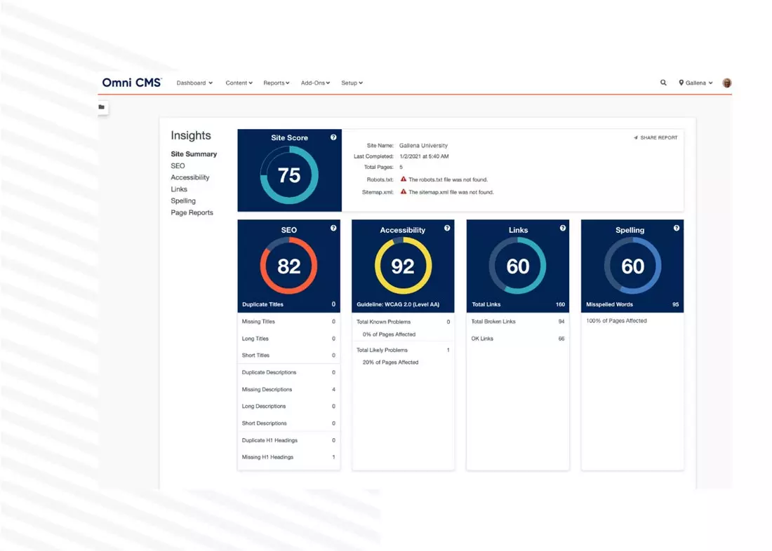 Modern Campus CMS Insights scans your website for SEO and accessibility issues.