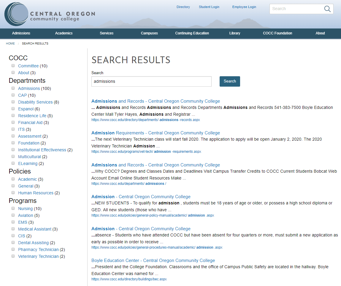 Modern Campus customer Central Oregon Community Colleges uses Modern Campus CMS Website Search module on its website.